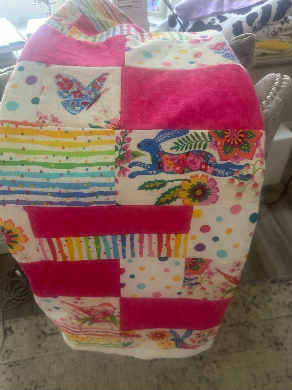Custom made Baby quilt Bright Patchwork Pink Bunny 30x47 in